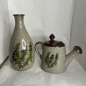 Vintage Takahashi Stoneware Gray Speckled 3 Pc Set with Blue Flowers Japan RARE